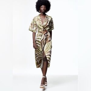 Zara Animal Print Shift Midi Dress Medium V Neck Belted Notched Collar Faux Wrap